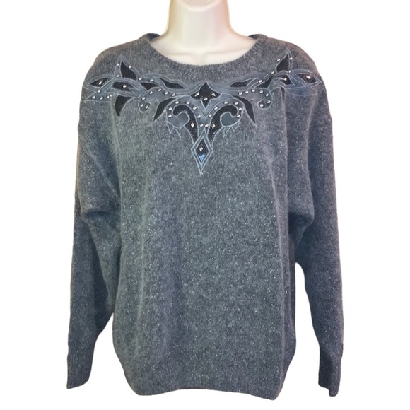 Uno & Una | Vintage Gray Silk Angora Blend Sweater Imitation Leather Detail L - Picture 1 of 5